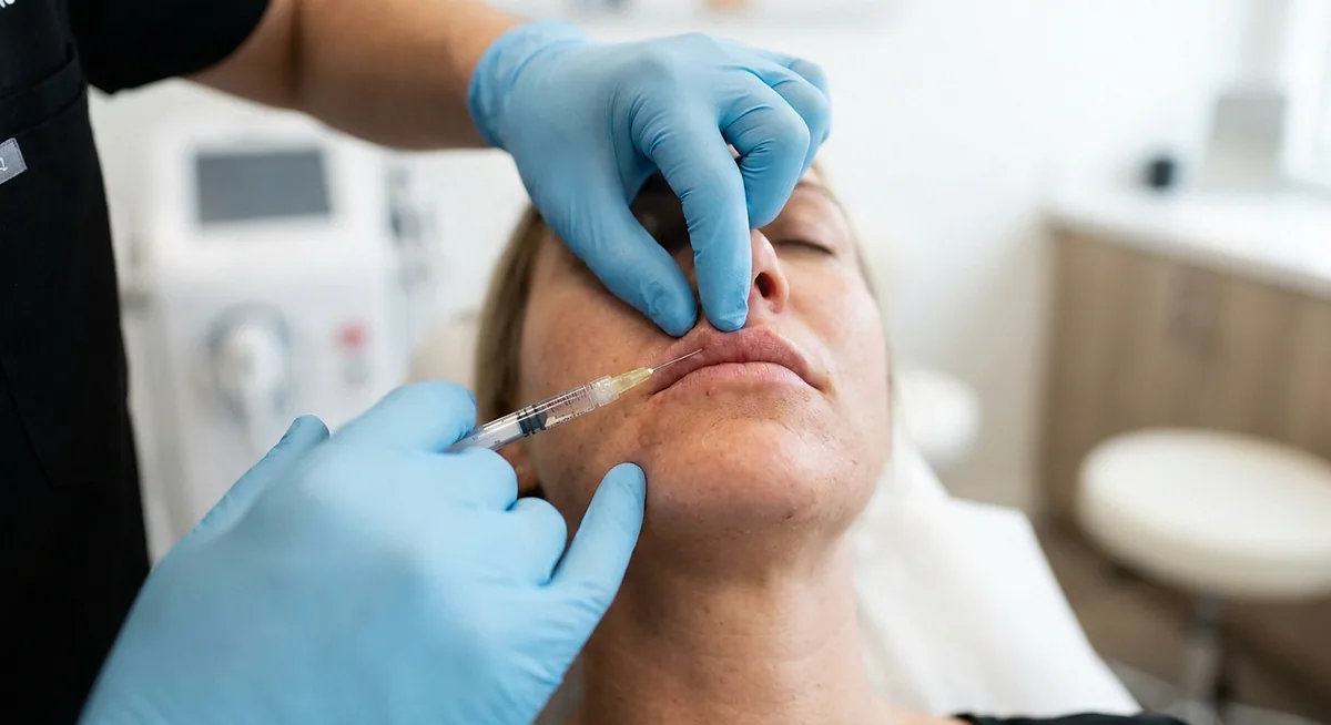 Aplicação de preenchimento labial, com foco na naturalidade do resultado