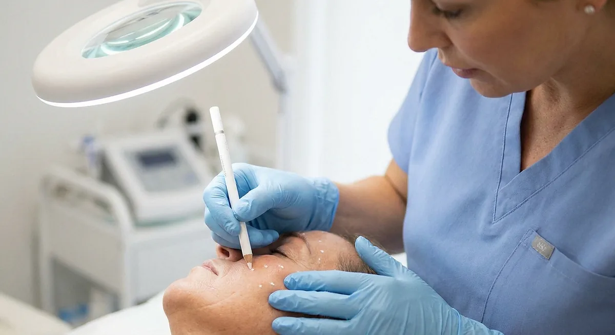 Profissional analisando pontos de referência no rosto de uma paciente durante avaliação facial